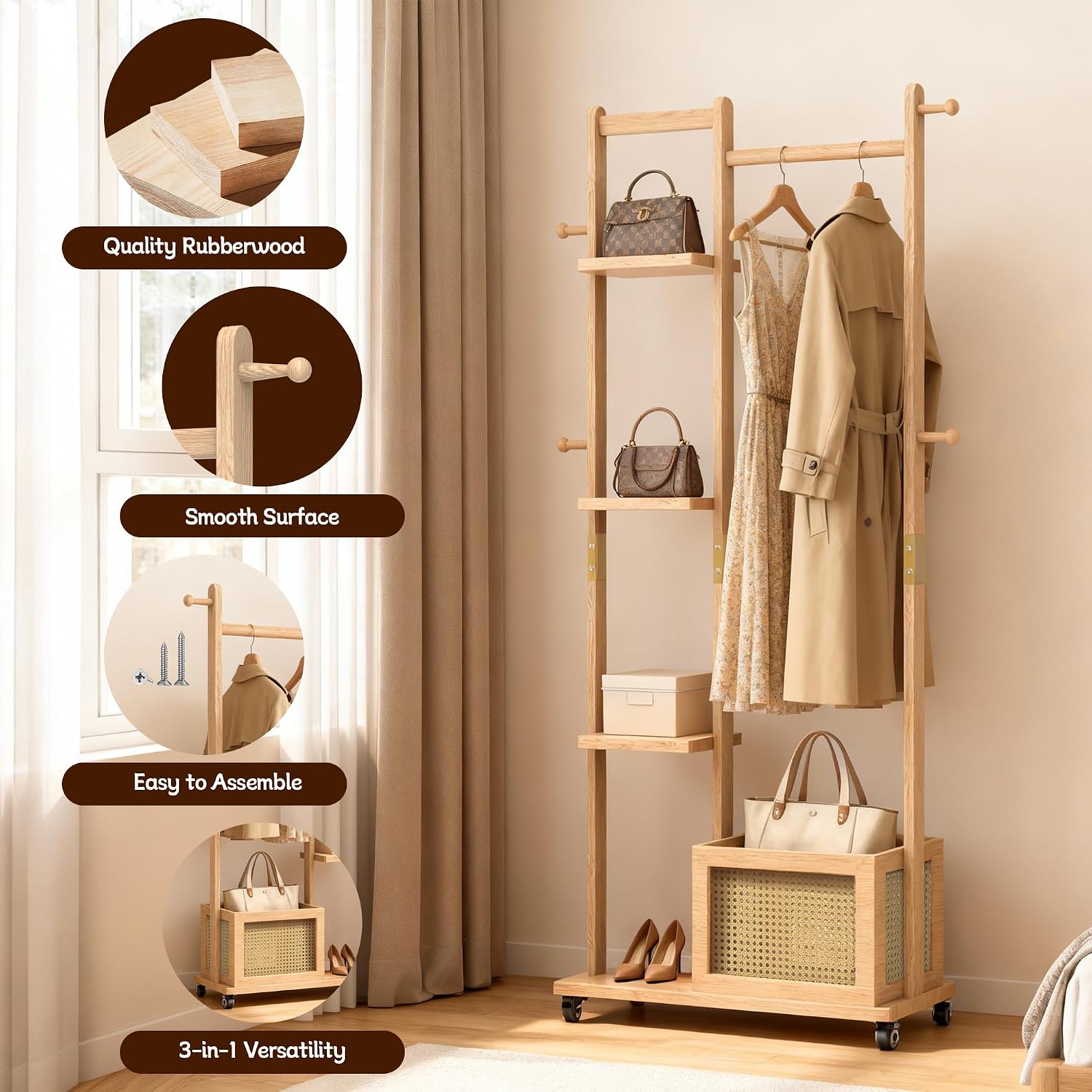 High-Grade Rubber Wood Coat Rack, Easy To Assemble, with Four Partitions, Storage Baskets, Four Side Hooks, Mobile Rollers, Multifunctional Coat Rack Suitable for Bedroom, Living Room, Entrance Office