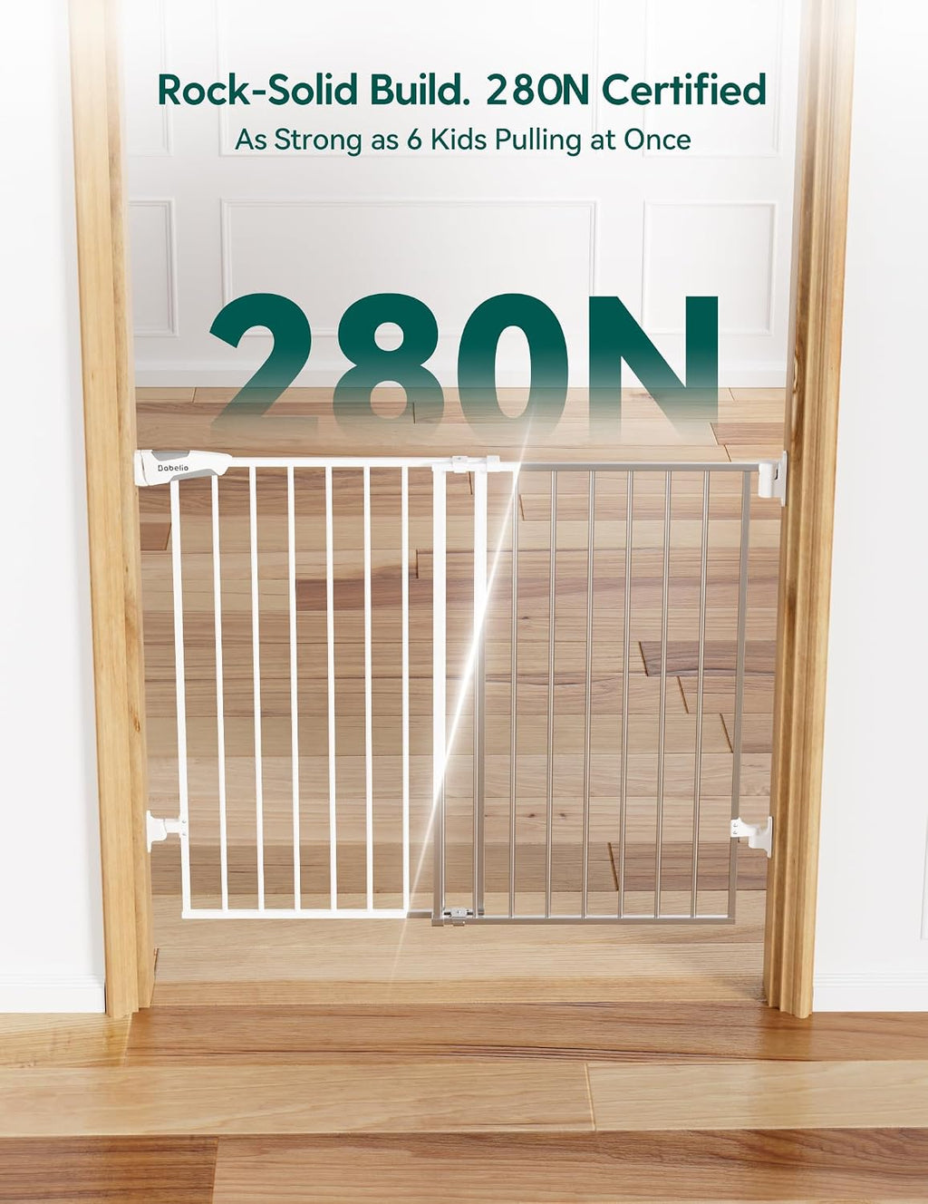 Babelio Baby Gate for Stairs, Kitchen & Doorways, No Bottom Bar| Easy Installation| One-Handed Operation| Auto-Close| Hardware Mount (Drill Needed) Safety Dog Gate (White - 2 Pcs, 26-43' W, 28' H)