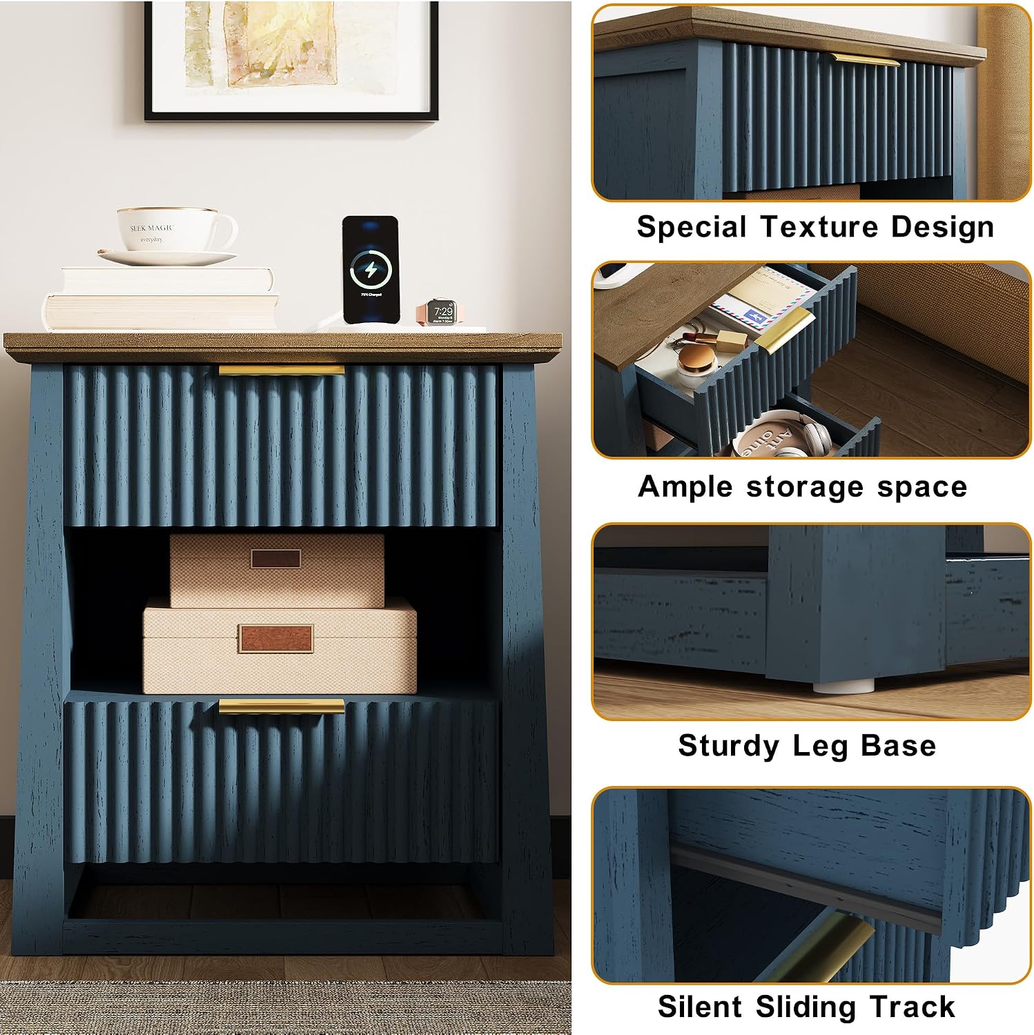 HIFYOBRO Fluted End Table with Charging Station and Motion Sensor Light, Modern Blue Side Table with 2 Drawers and Storage Shelf for Living Room, Bedroom, Guest Room
