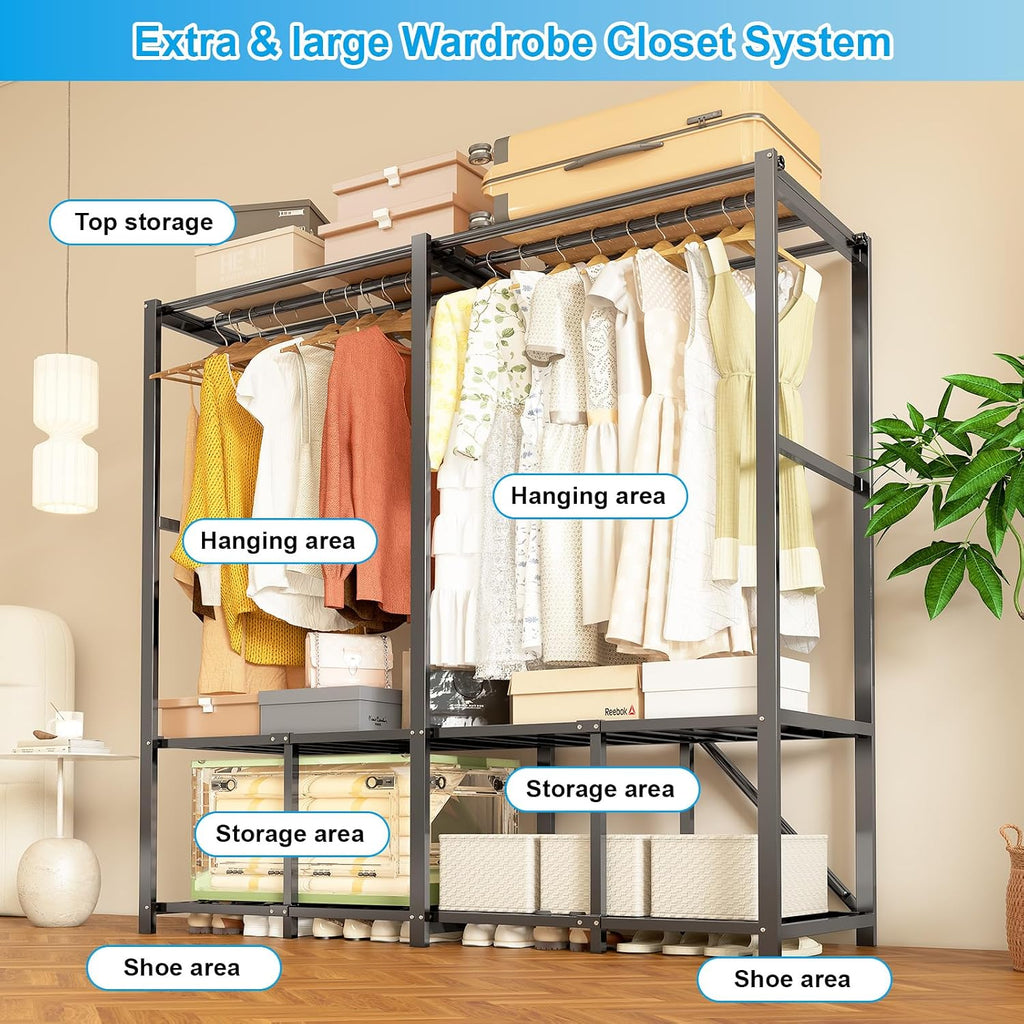 Foldable Heavy Duty Portable Closet with Cover, Freestanding Storage Garment Rack for Bedroom, Clothes Rack for Hanging Clothes Armoire Wardrobe Closet System, 66.1x67.7x20.5 Inch,Black Grey