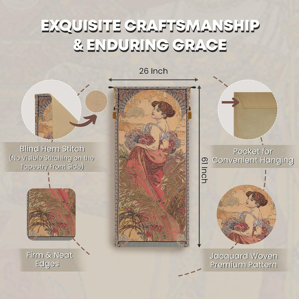 Charlotte Home Furnishings Inc - Mucha Summer Belgian Premium Tapestry Wall Hanging | 61x26 in Viscose Polyester Blend Boho Vintage Woven Wall Tapestry for Home & Wall Art by Alphonse Mucha