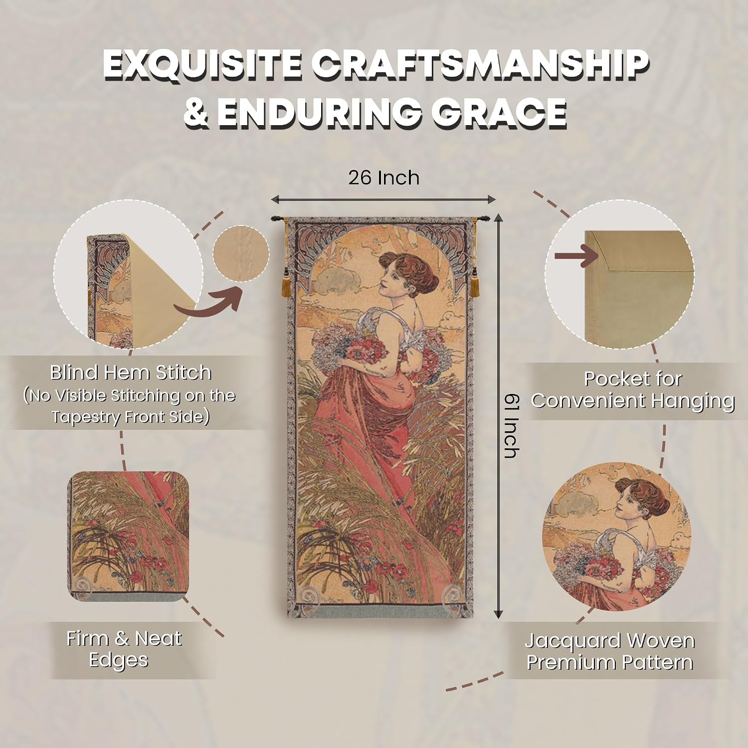 Charlotte Home Furnishings Inc - Mucha Summer Belgian Premium Tapestry Wall Hanging | 61x26 in Viscose Polyester Blend Boho Vintage Woven Wall Tapestry for Home & Wall Art by Alphonse Mucha