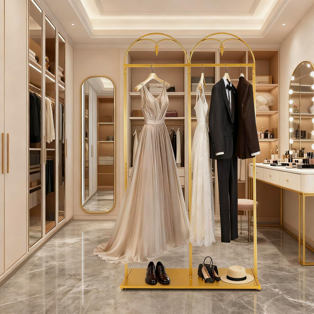 88' Tall Gold Clothing Garment Rack Hanging Long Dresses Racks | Double Rod Bridal Clothes Wedding Dress Rack Gown Shoes Bags Clothes Organizer for Home Boutique Retail Studio