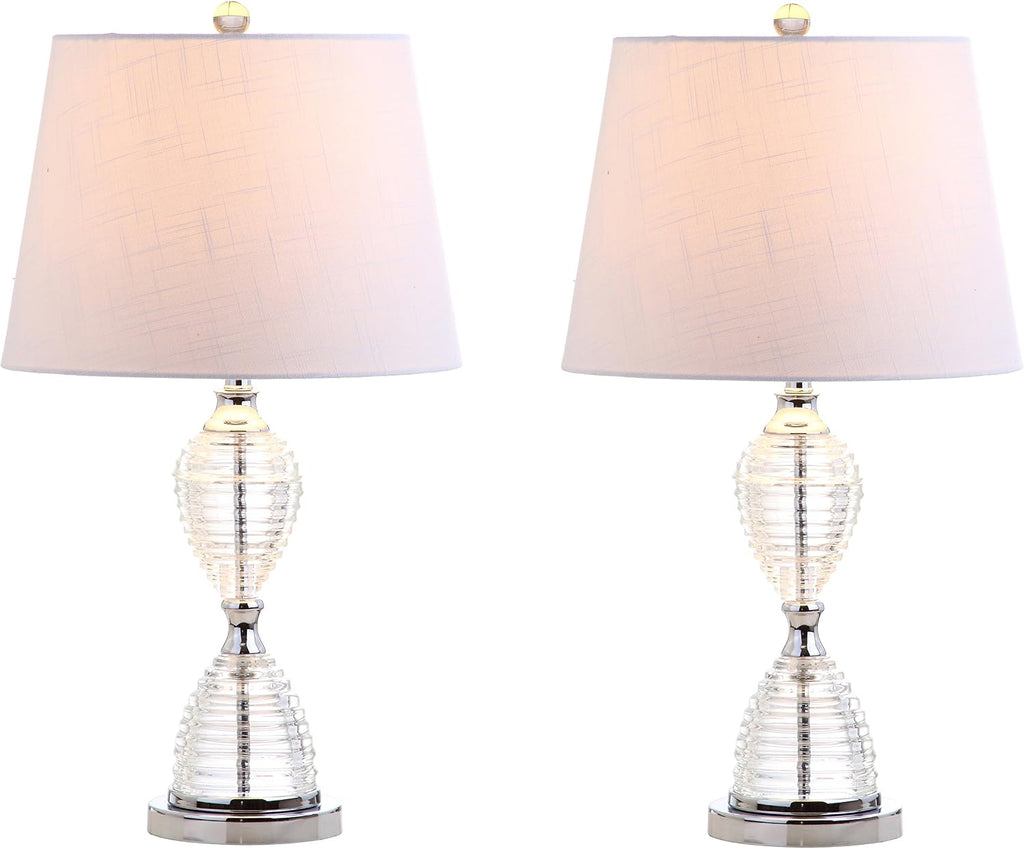 JONATHAN Y 24' Clear Crystal LED Table Lamp Set of 2, Glam Hourglass Bedside Lamps for Living Room Bedroom, White Linen Shade, Chrome Finish, LED Bulbs Included JYL2045A-SET2