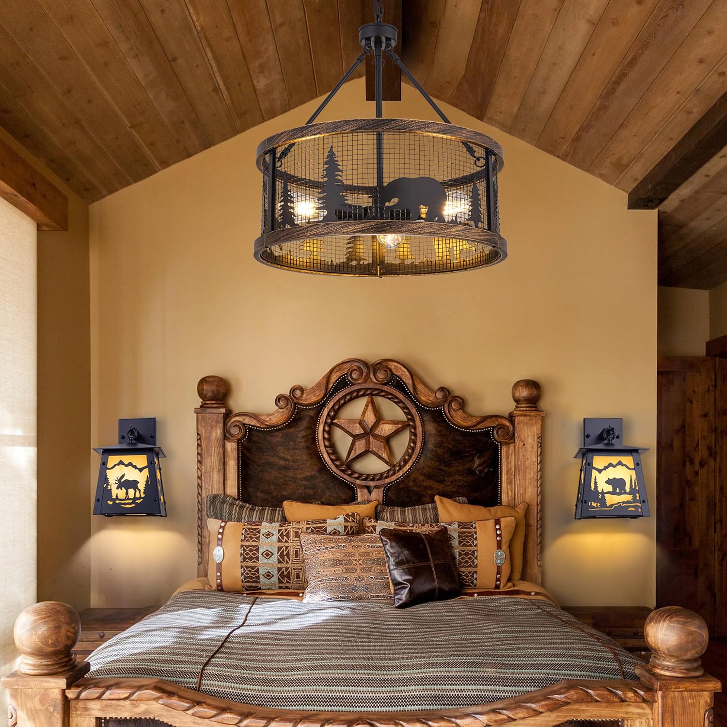 TOCHIC Wall Sconce 2-Pack, Vintage Farmhouse Wall Light Fixtures, Black Outdoor Wall Lamp for Patio with Bear Elk, Rustic Wall Mount Light for Front Door, Bathroom Vanity Light, Porch, Corridor