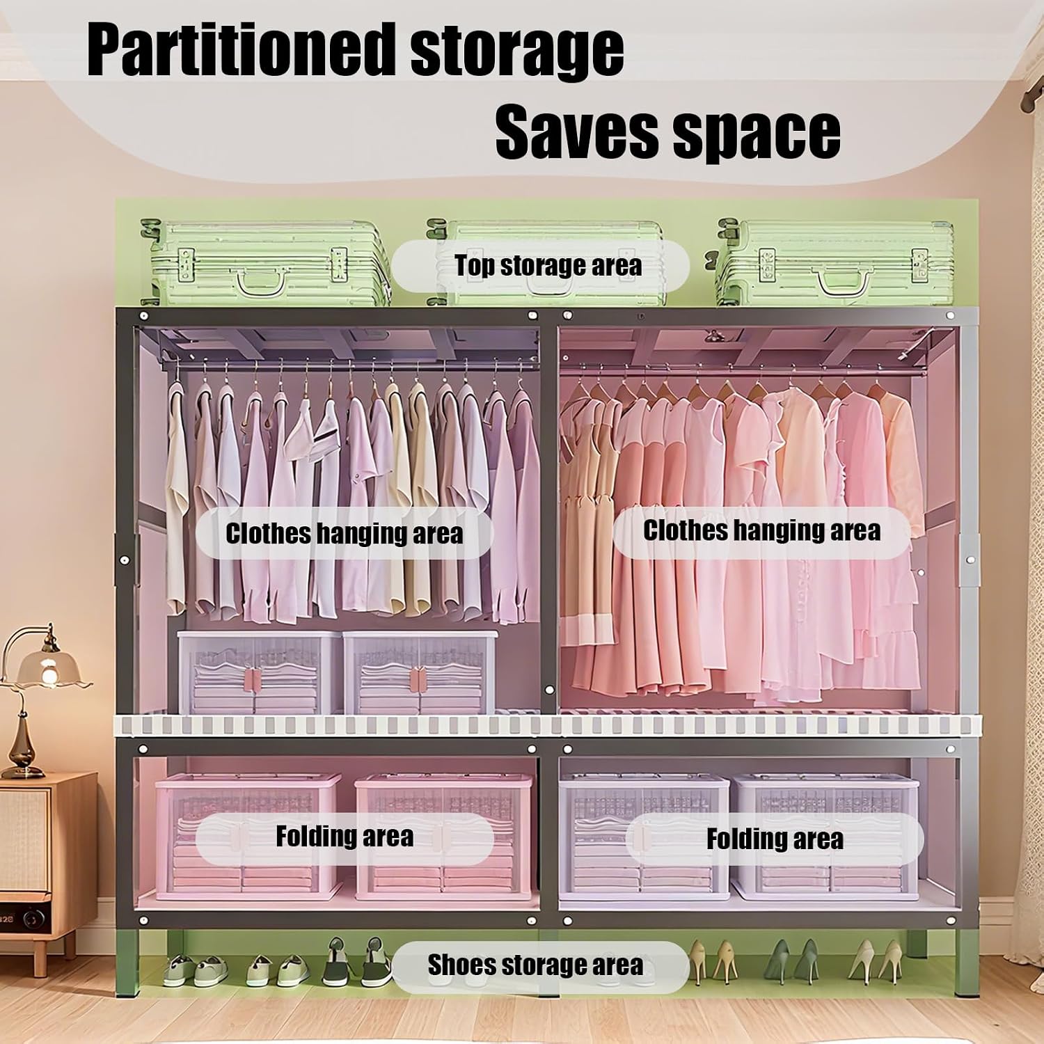 49.2in Heavy Duty Portable Closet, Foldable Wardrobe Closet with Cover, Metal Clothing Shelves for Clothes Organizers and Storage, for Bedrooms, Apartments, Rental Properties (Grey, 49.2in)