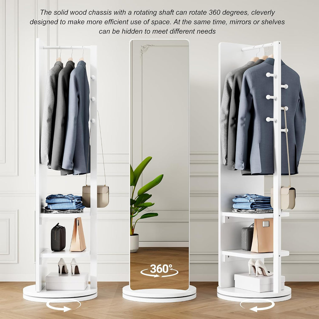 CHANCEE 360° Rotating Mirror Coat Rack, Solid Wood Standing Mirror with Storage Hooks and Shelves, Space-Saving Multifunctional Organizer for Bedroom, Living Room, or Cloakroom (White)