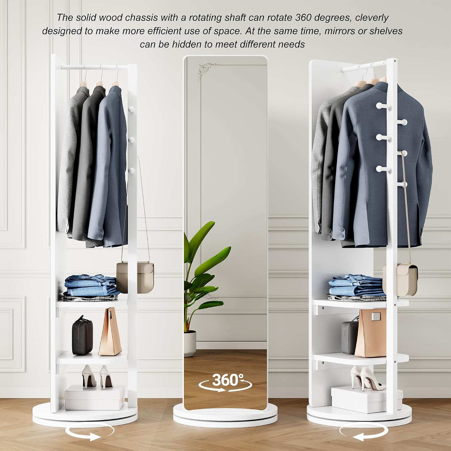 CHANCEE 360° Rotating Mirror Coat Rack, Solid Wood Standing Mirror with Storage Hooks and Shelves, Space-Saving Multifunctional Organizer for Bedroom, Living Room, or Cloakroom (White)