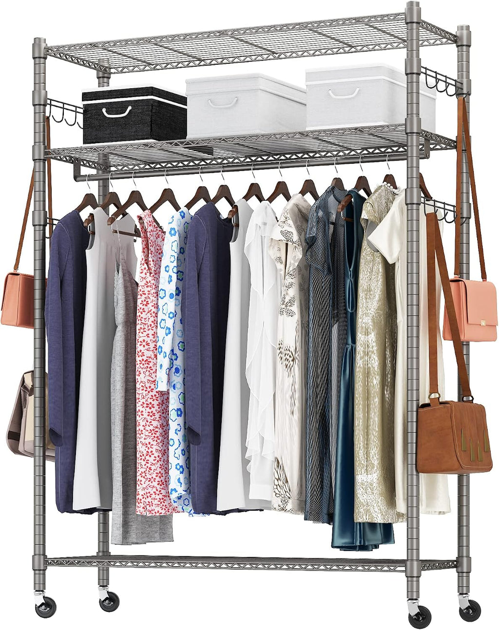 Heavy Duty Clothes Rack, Adjustable Rolling Garment Rack with Shelves, Freestanding Wardrobe Rack 1 Clothes Hanging Bar, 3 tired Wire Shelving, 4 Hanger Hooks - Hold Up to 400Lbs (Gray, 1Rod 4Hook)
