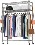 Heavy Duty Clothes Rack, Adjustable Rolling Garment Rack with Shelves, Freestanding Wardrobe Rack 1 Clothes Hanging Bar, 3 tired Wire Shelving, 4 Hanger Hooks - Hold Up to 400Lbs (Gray, 1Rod 4Hook)