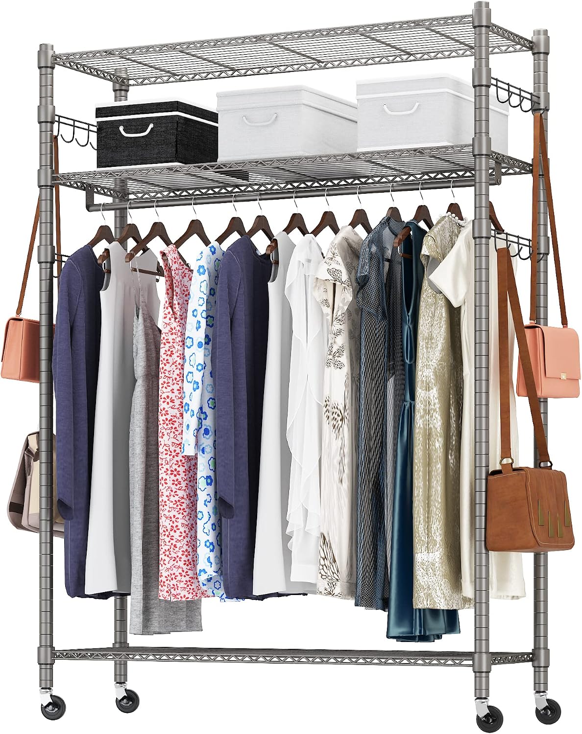 Heavy Duty Clothes Rack, Adjustable Rolling Garment Rack with Shelves, Freestanding Wardrobe Rack 1 Clothes Hanging Bar, 3 tired Wire Shelving, 4 Hanger Hooks - Hold Up to 400Lbs (Gray, 1Rod 4Hook)