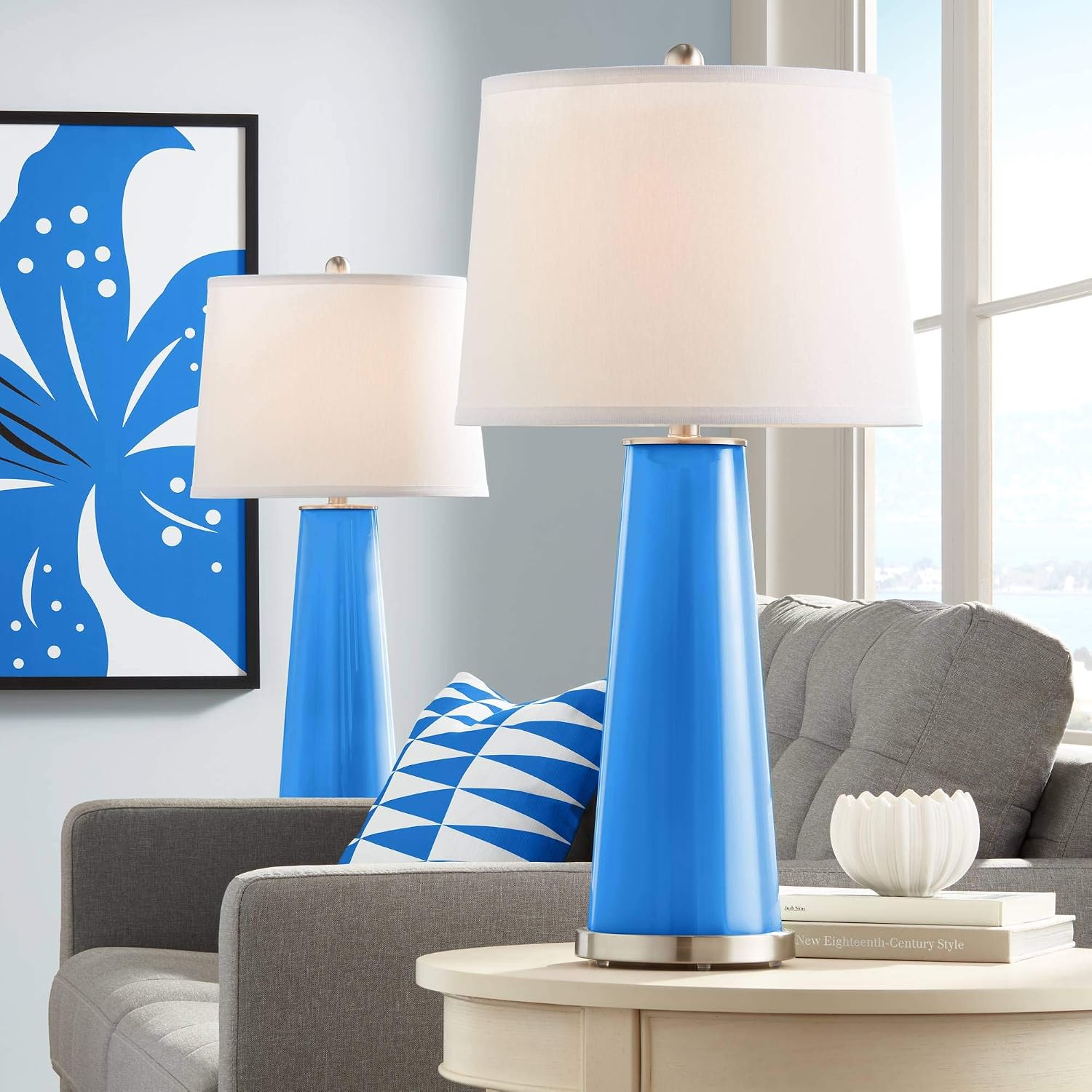 Color + Plus Leo Modern Table Lamps 29 1/2' Tall Set of 2 Royal Blue Glass Tapered Column Plain White Drum Shade Decor for Bedroom Living Room House Home Bedside Nightstand Office Family