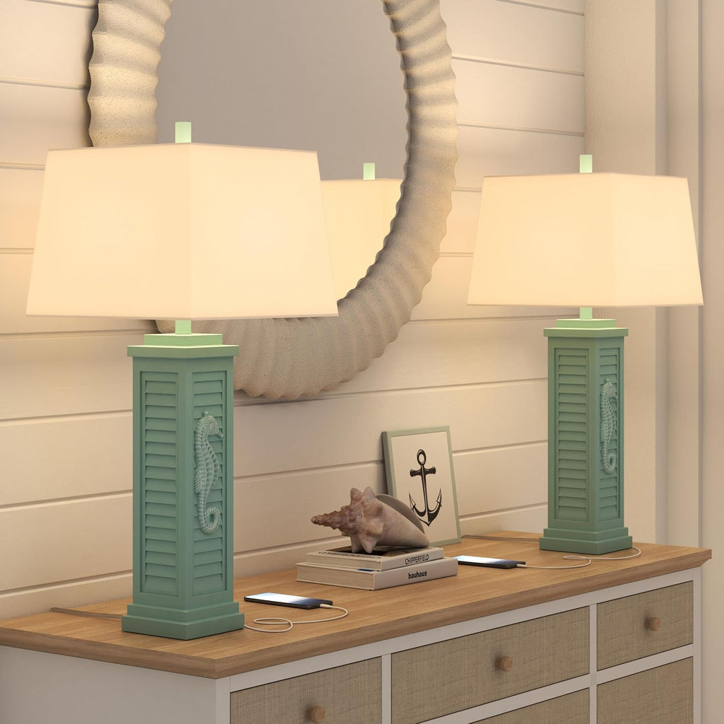 Lux Lighting Sea Horse Shutter 32' Teal Blue/Green Coastal Lamp with USB Charging Port (Set of 2) 3-Way Switch