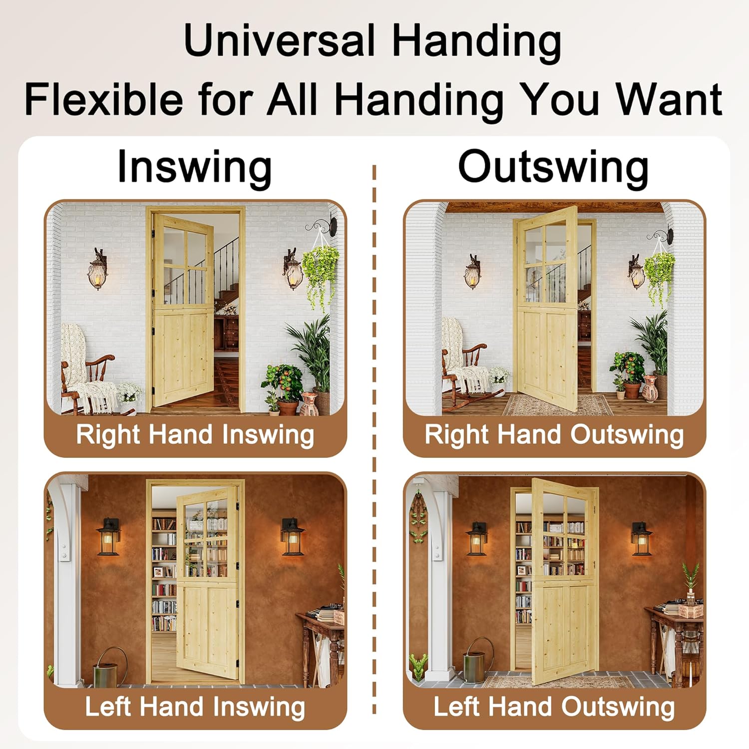 Interior & Exterior Dutch Door Slab, 30' x 80', Universal 4 Lite Tempered Clear Glass Split Single Door, Solid Core Home Door, Natural Pine Wood - with 4 Hinges & 1 Latch, Without Jamb