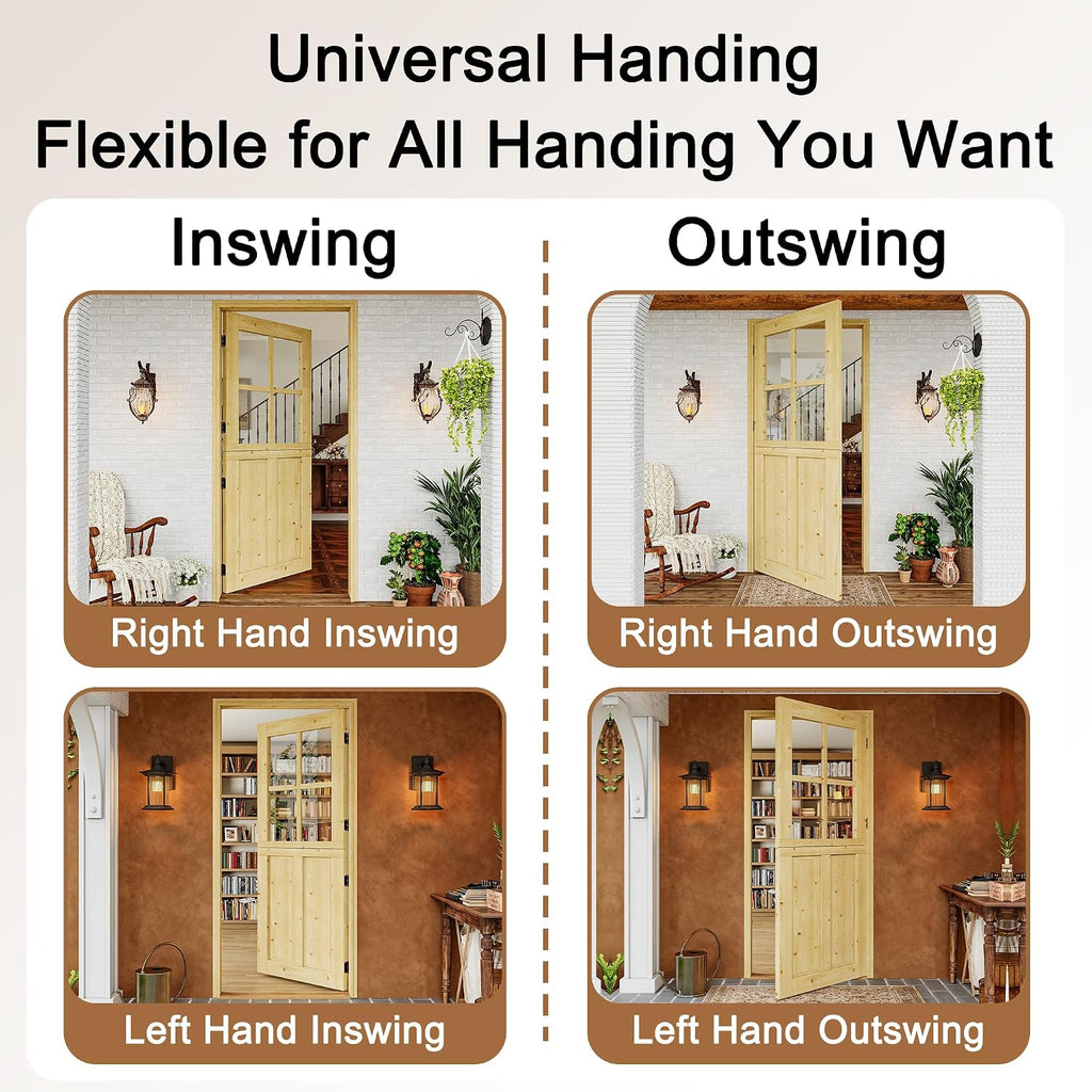 Interior & Exterior Dutch Door Slab, 30' x 80', Universal Tempered Clear Glass Split Single Doors, Solid Core Home Door, Natural Pine Wood - with 4 Black Hinges & 1 Latch, Without Jamb