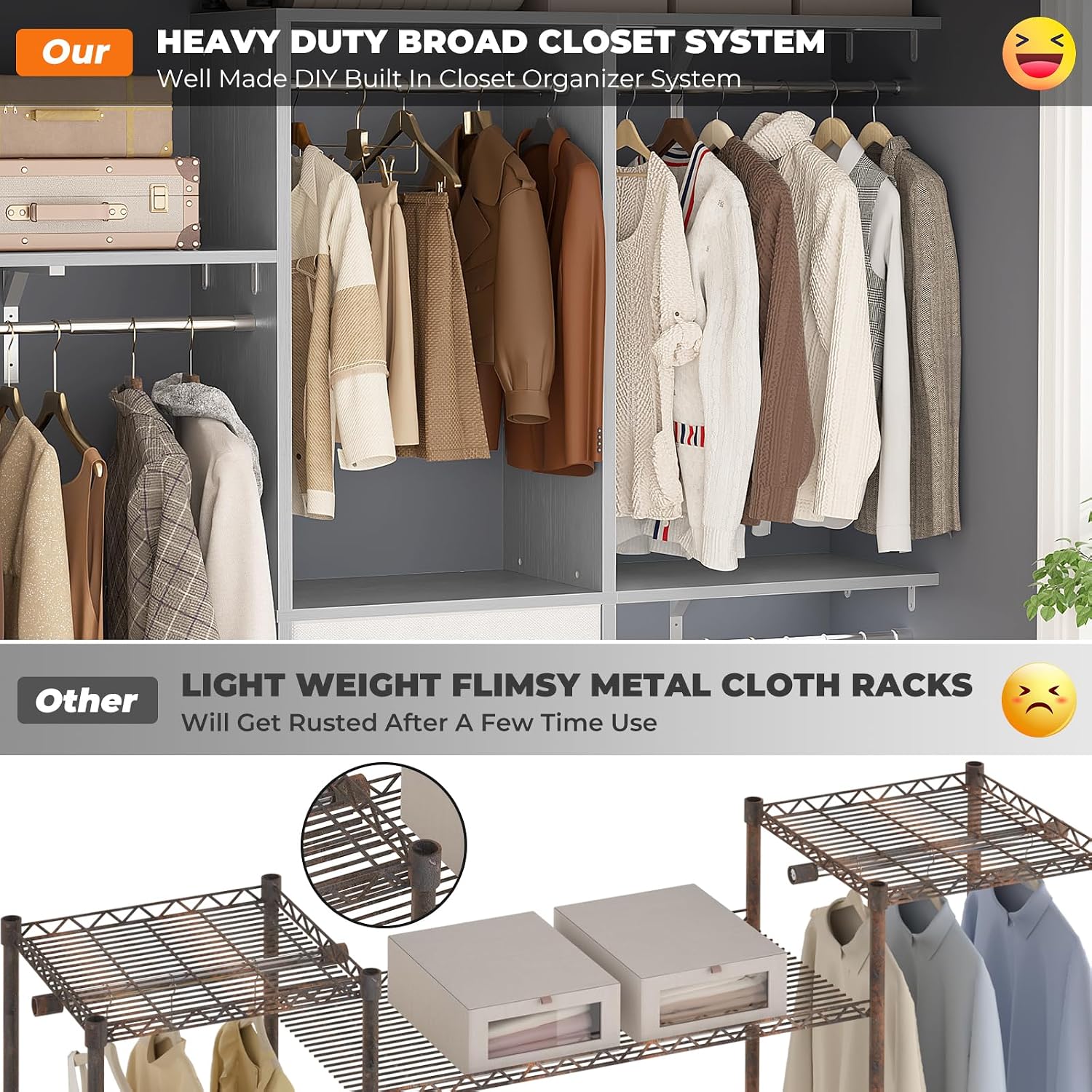 Armocity 5FT Small Closet System with 3 Fabric Drawers, 60 Inches Walk In Closet Organizer System With 3 Adjustable Shelves, Heavy Duty Clothes Rack Built-In Garment Rack, 59' L x 16' W x 71' H, Grey