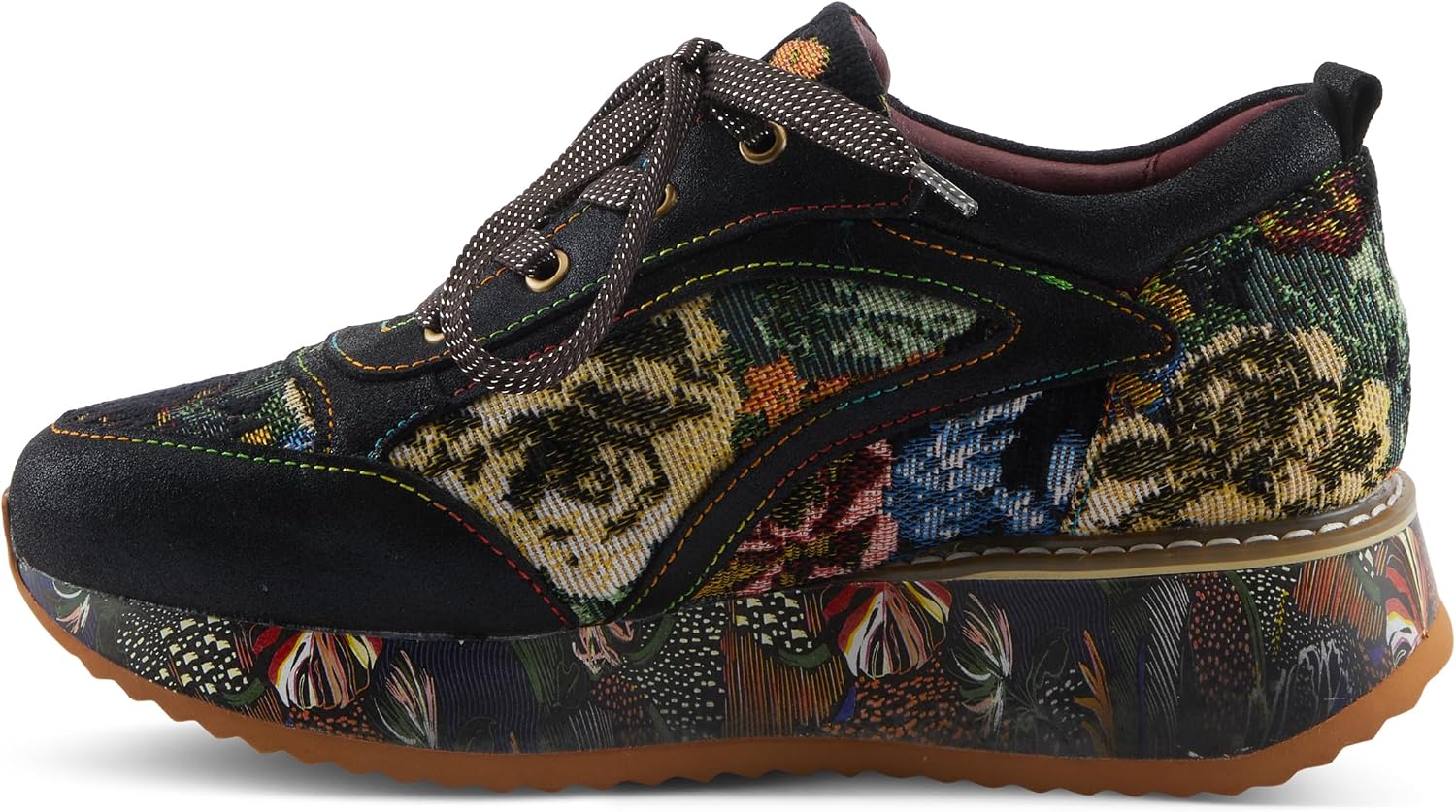 L'Artiste INVIDIA Women's Platform Sneaker – Metallic Leather & Tapestry Lace-Up with Rainbow Stitching