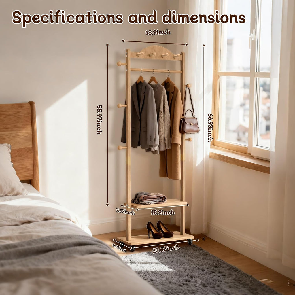 High-Grade Rubber Wood Coat Rack, Easy To Assemble, With 9 side hooks,With 2 partitions, Mobile Rollers, Multifunctional Coat Rack Suitable for Suitable for hanging clothes, hats,storing shoes.