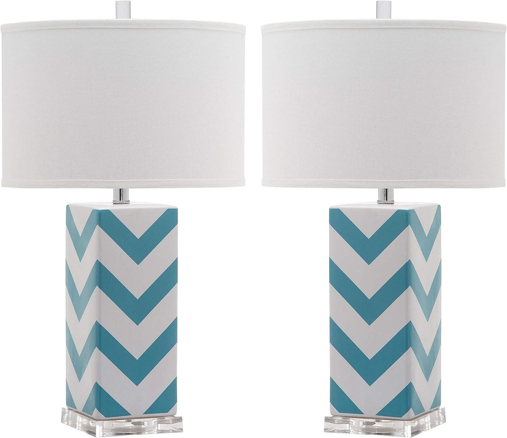 SAFAVIEH Lighting Collection Chevron Modern Contemporary Light Blue Stripe 27-inch Bedroom Living Room Home Office Desk Nightstand Table Lamp Set of 2 (LED Bulbs Included)