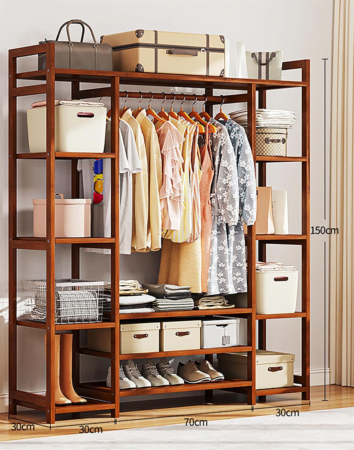 Bamboo Garment Rack for Hanging Clothes, Multi Tier Clothes Rack w/Storage Shelves, Heavy Duty Clothing Rack Wardrobe Closet Organizer, Brown,130cm