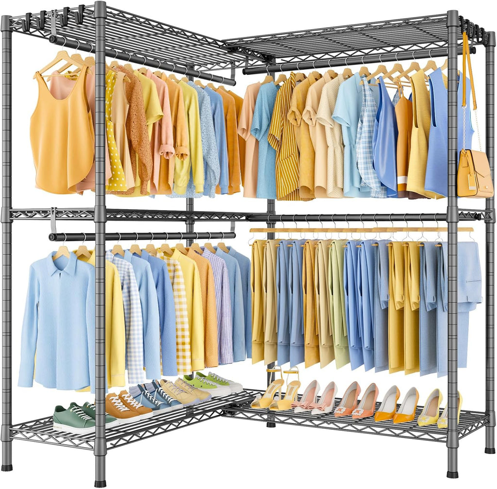 ULIFHOME E15 Pro Garment Rack L Shaped Clothes Rack for Corner，Freestanding Clothing Racks for Hanging Clothes，Heavy Duty Closet System with 4 Hanging Rods & 8 S Hooks，48.8'W x 15.8'D x 78.4'H，Grey