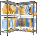 ULIFHOME E15 Pro Garment Rack L Shaped Clothes Rack for Corner，Freestanding Clothing Racks for Hanging Clothes，Heavy Duty Closet System with 4 Hanging Rods & 8 S Hooks，48.8'W x 15.8'D x 78.4'H，Grey