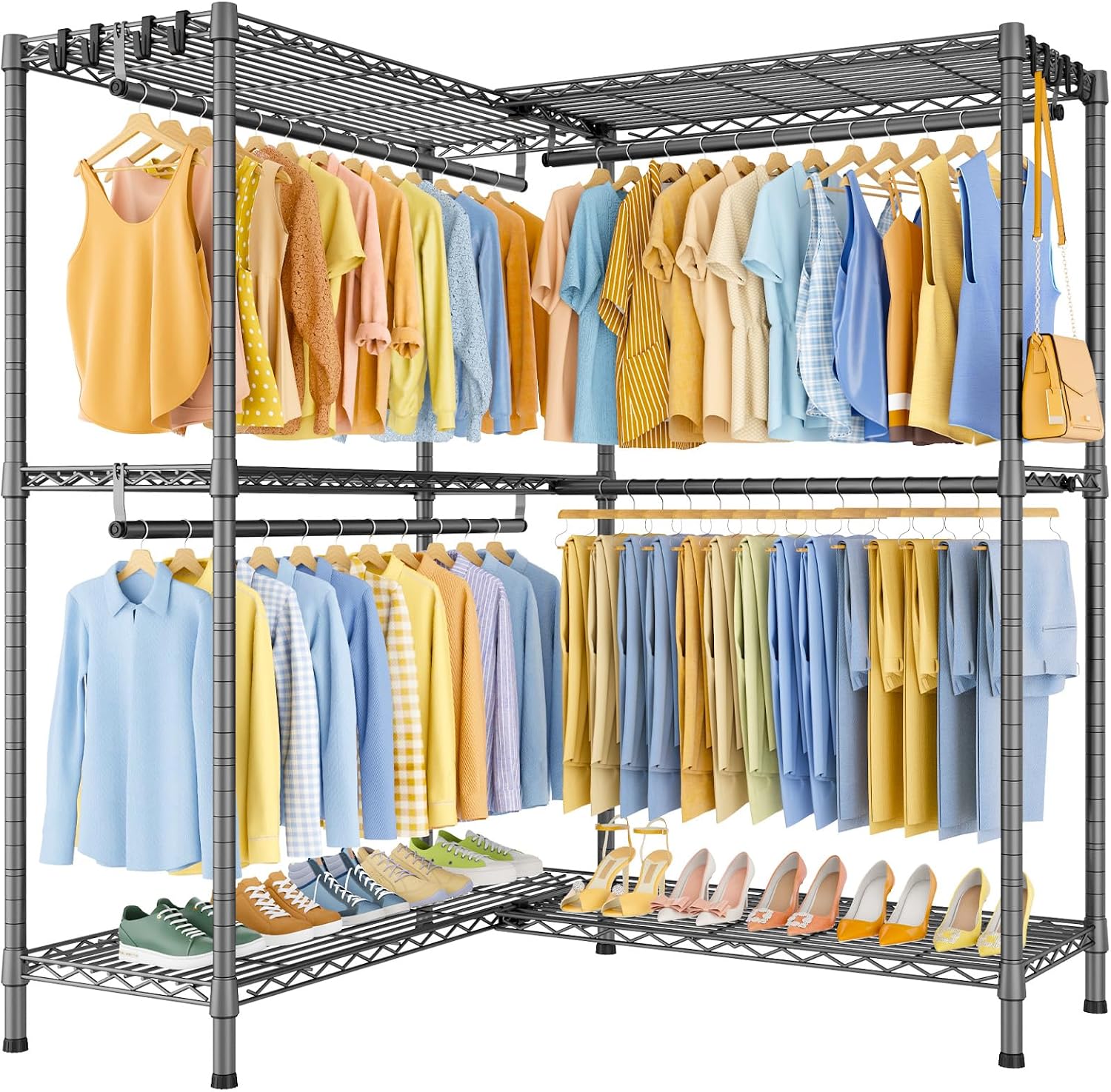 ULIFHOME E15 Pro Garment Rack L Shaped Clothes Rack for Corner，Freestanding Clothing Racks for Hanging Clothes，Heavy Duty Closet System with 4 Hanging Rods & 8 S Hooks，48.8'W x 15.8'D x 78.4'H，Grey