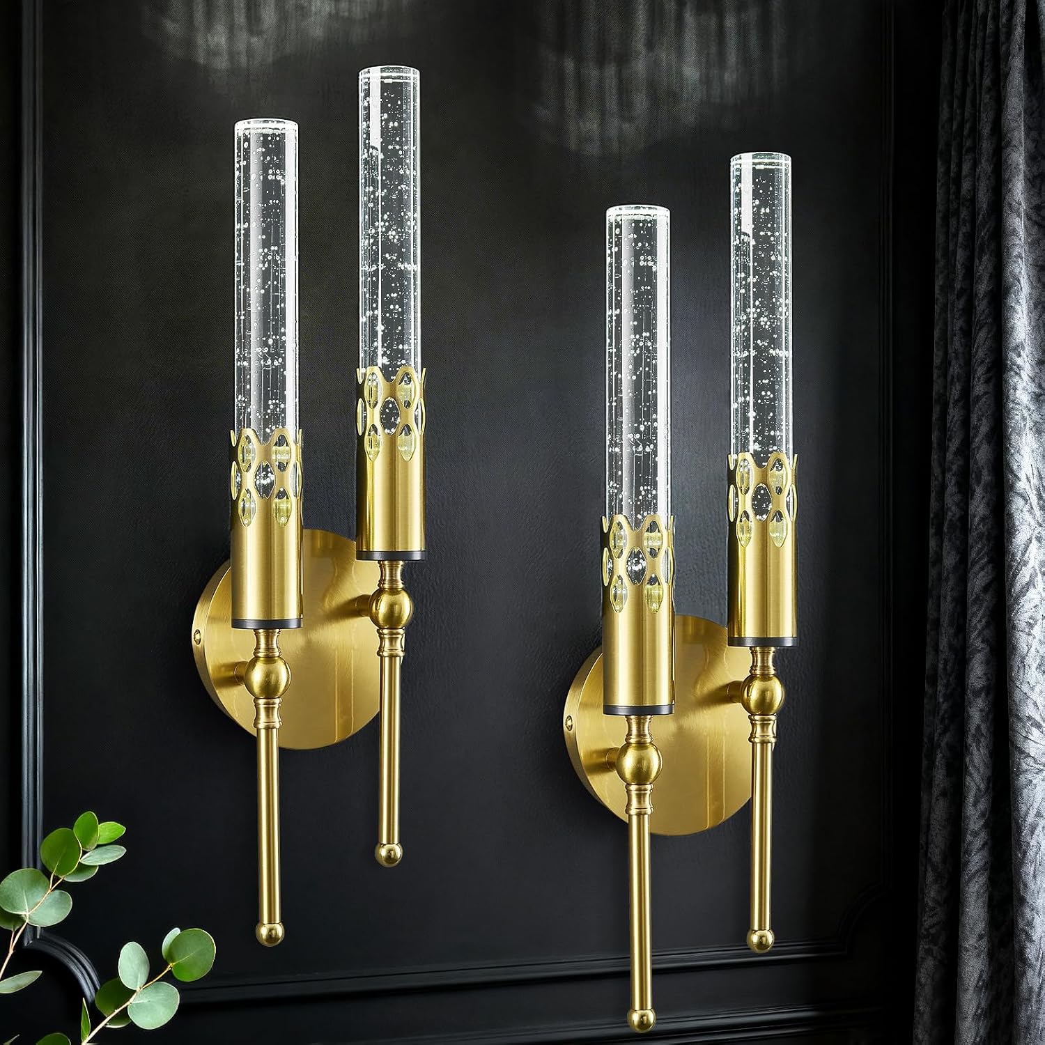 Modern Wall Sconces Set of Two 6000K Crystal Sconces Wall Lighting Vintage Black Gold Wall Mounted Lamp for Bedroom Living Room Hallway Bathroom Vanity Light Fixture