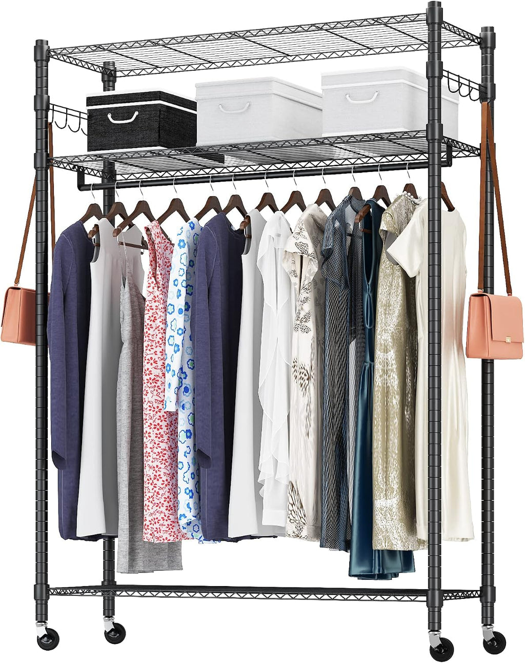 BATHWA Heavy Duty Clothing Racks,47.3'W x 17.7'D x 74.8'H Wide Hanging Space 3 Adjustable Shelving Garment Rack on Wheels Portable Wardrobe for Dress Coat Clothes Organizer Sturdy Metal Construction