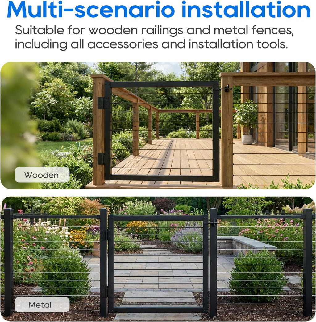 36' Aluminum Cable Railing Gate Adjustable Wide Deck Safety Gate, Black Powder-Coated Outdoor Railing Gate with Self-Closing Nylon Hinges & Latch, Easy DIY Installation for Deck