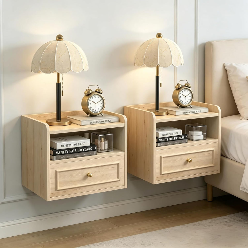 Floating Nightstand with Charging Station Set of 2, Modern Wall Mounted Bedside Tables with Drawer & Open Shelf, Modern Hanging Table with USB & Type C Ports for Bedroom, Small Spaces (White Oak)