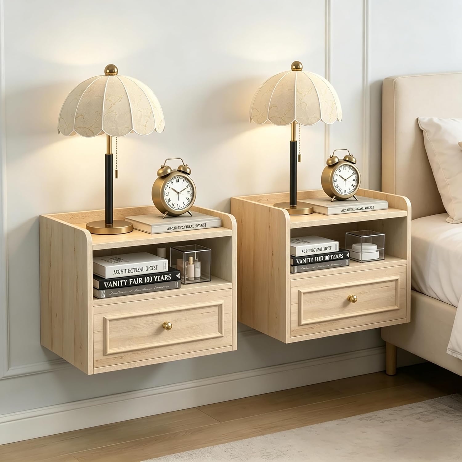 Floating Nightstand with Charging Station Set of 2, Modern Wall Mounted Bedside Tables with Drawer & Open Shelf, Modern Hanging Table with USB & Type C Ports for Bedroom, Small Spaces (White Oak)