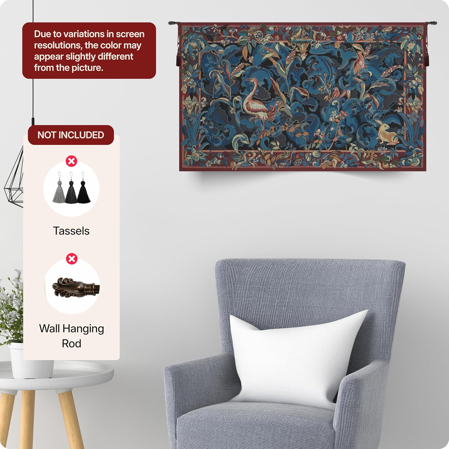 Charlotte Home Furnishings Inc French Boho Tapestry Wall Hanging 19 x 31 in, Animals Aristoloches Blue Aesthetic Woven Wall Art decor for Living Room Home Decor, European Cotton Jacquard Woven