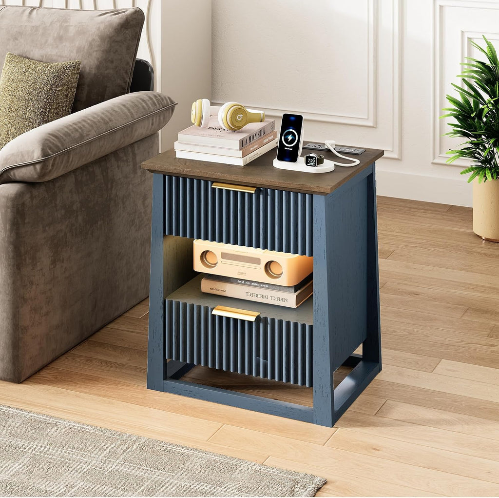 HIFYOBRO Fluted End Table Set of 2 with Charging Station and Motion Sensor Light, Modern Blue Side Tables with 2 Drawers and Storage Shelf for Living Room, Bedroom, Guest Room
