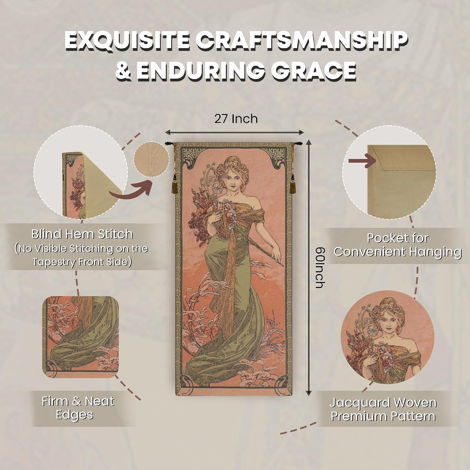 Charlotte Home Furnishings Inc - Mucha Spring Belgian Premium Tapestry Wall Hanging | 60x27 in Viscose Polyester Blend Boho Vintage Woven Wall Tapestry for Home & Wall Art by Alphonse Mucha