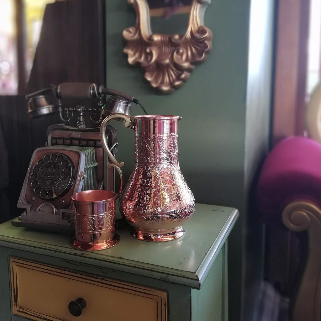 KS Series - Copper Pitcher (45 oz) and Cup (7.7 oz) Set, Moscow Mule Water Jug, Ice Tea and Juice Beverage, Desktop/Bedside Night Water Carafe, Ayurvedic Decanter (Engraved)