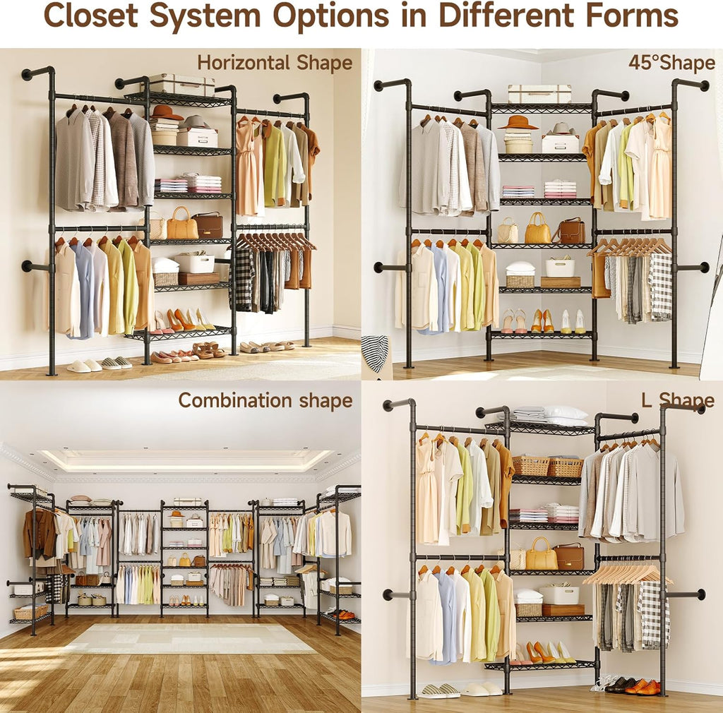 ONBRILL H3 Expandable Wall Mounted Closet System, 5.4FT-8.1FT Closet Organizer with 4 Telescopic Rods & 6 Wire Shelves, Industrial Pipe Clothing Rack for Walk-in & Reach-in Closet (Black)