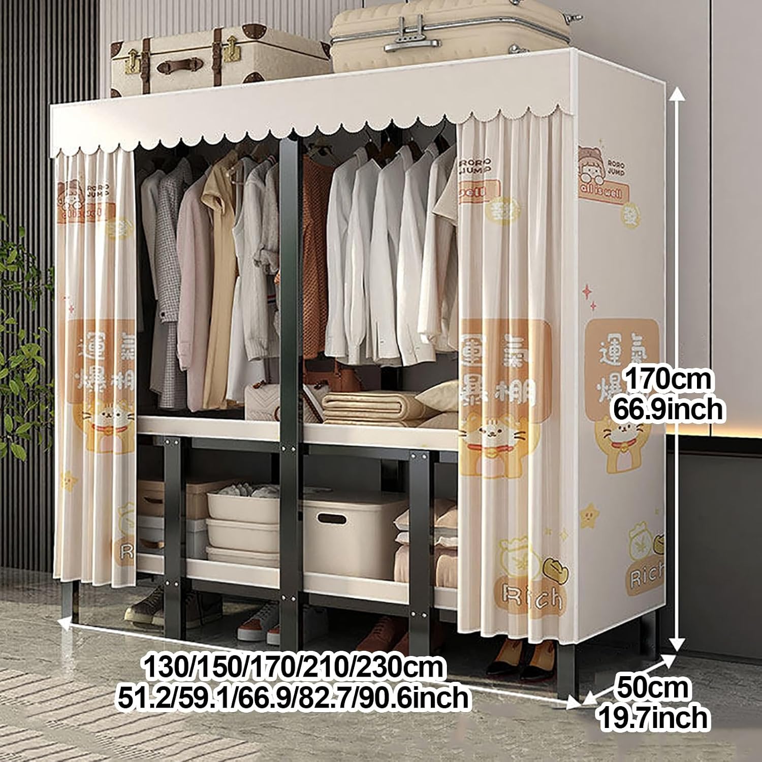 Clothes Rack With Cover Foldable Wardrobe Closet Portable Coat Storage Garment Racks For Hanging Clothes Armoire Clothing Rack With Shelves For Bedroom(A,130cm/51.2nch)