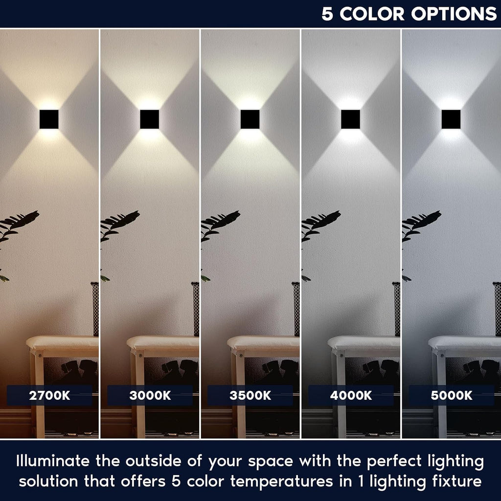LUXRITE Square LED Up and Down Wall Sconces Set of 2, Metal, 5CCT 2700K | 3000K | 3500K | 4000K | 5000K, Modern Indoor and Outdoor Wall Light, 15W, 1000LM, IP65 Waterproof, ETL Listed - Black