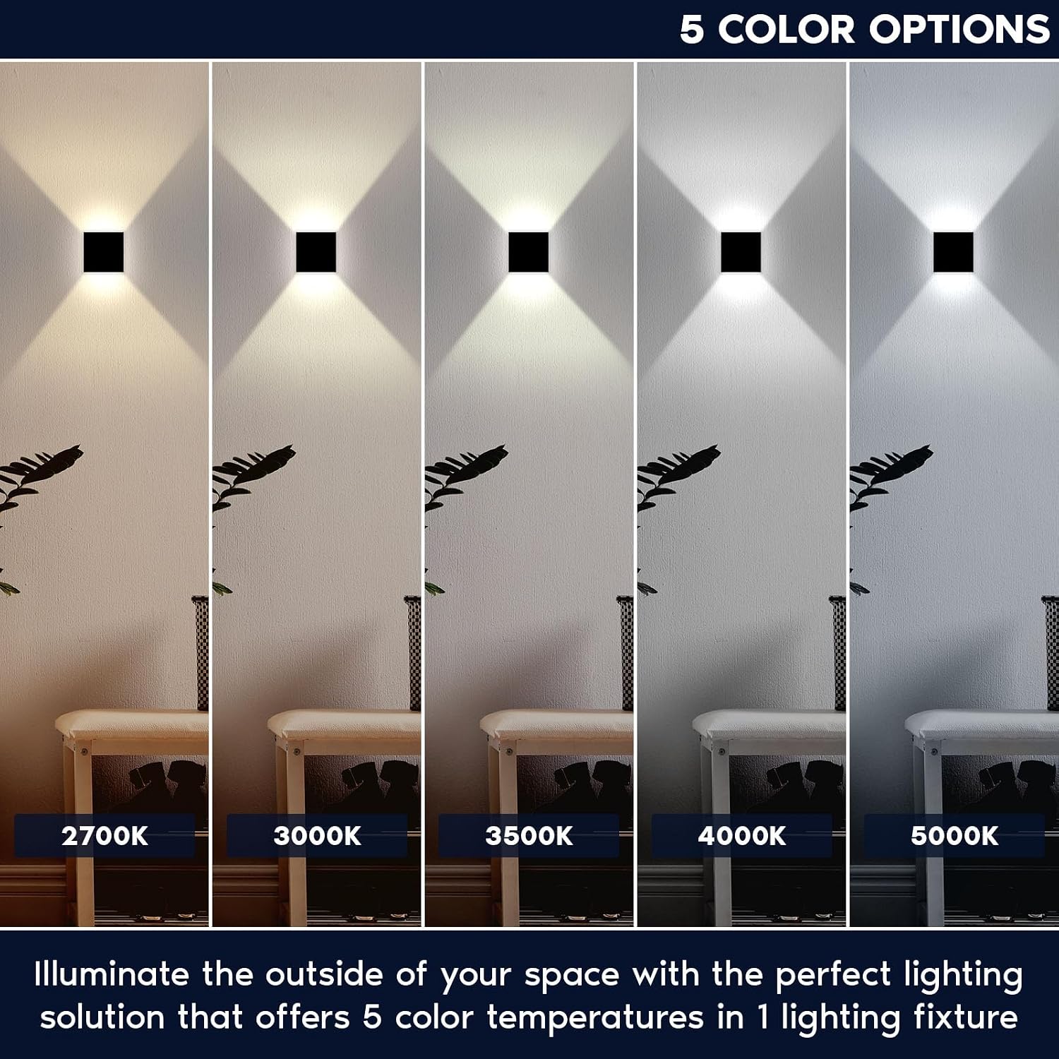 LUXRITE Square LED Up and Down Wall Sconces Set of 2, Metal, 5CCT 2700K | 3000K | 3500K | 4000K | 5000K, Modern Indoor and Outdoor Wall Light, 15W, 1000LM, IP65 Waterproof, ETL Listed - Black