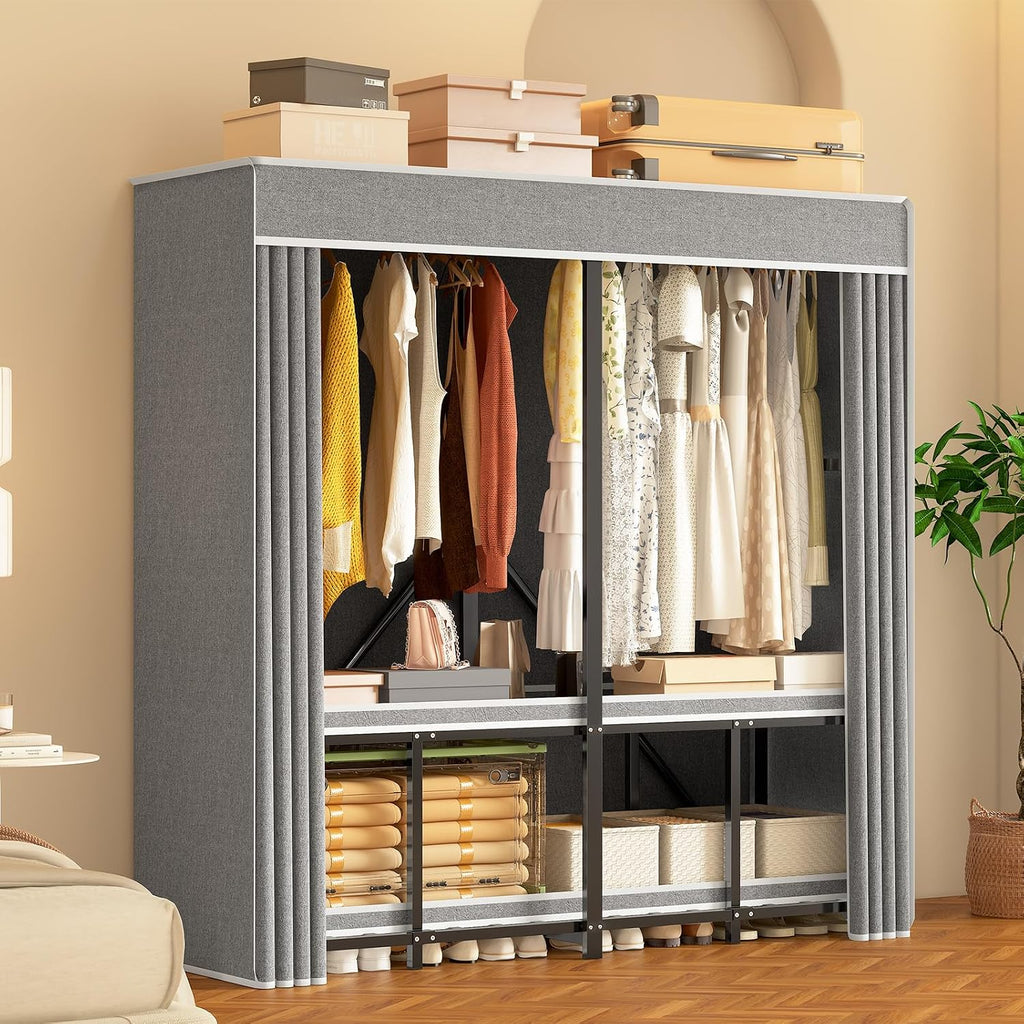 Foldable Heavy Duty Portable Closet with Cover, Freestanding Storage Garment Rack for Bedroom, Clothes Rack for Hanging Clothes Armoire Wardrobe Closet System, 66.1x67.7x20.5 Inch,Black Grey