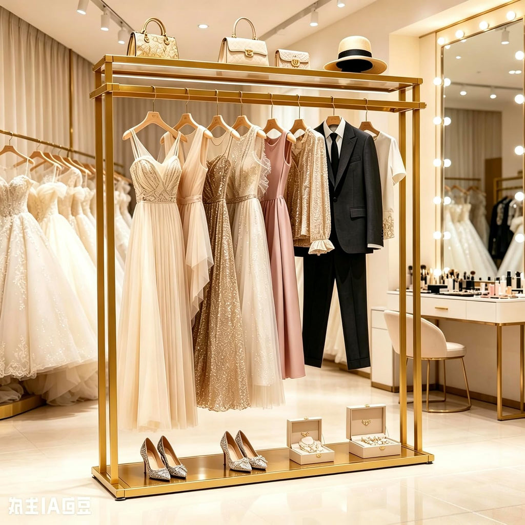Double Rod Gold Clothing Garment Rack Dresses Display W/ 2 Shelves | Heavy Duty Boutiques Retail Display Stand Wedding Dress Racks for Hanging Long Dresses, Shoes Bags Clothes Organize