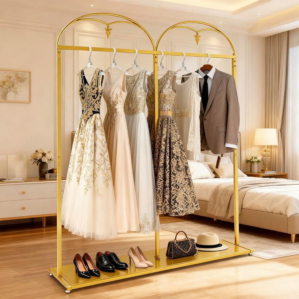 88' Tall Gold Clothing Garment Rack Hanging Long Dresses Racks | Double Rod Bridal Clothes Wedding Dress Rack Gown Shoes Bags Clothes Organizer for Home Boutique Retail Studio