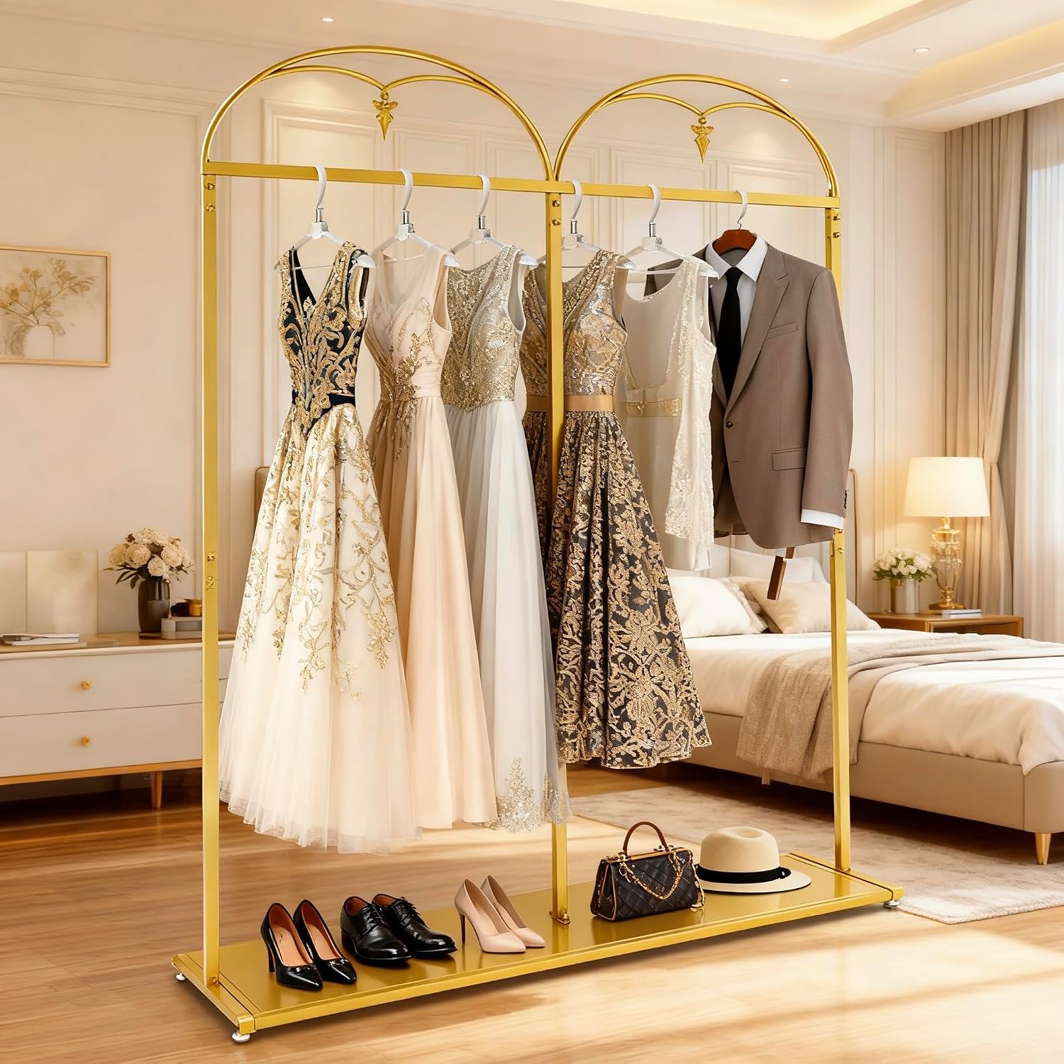 88' Tall Gold Clothing Garment Rack Hanging Long Dresses Racks | Double Rod Bridal Clothes Wedding Dress Rack Gown Shoes Bags Clothes Organizer for Home Boutique Retail Studio