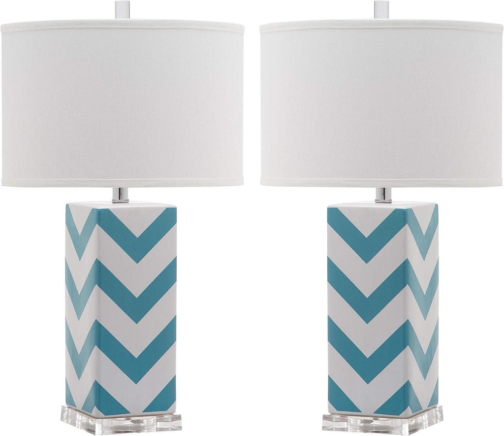 SAFAVIEH Lighting Collection Chevron Modern Contemporary Light Blue Stripe 27-inch Bedroom Living Room Home Office Desk Nightstand Table Lamp Set of 2 (LED Bulbs Included)