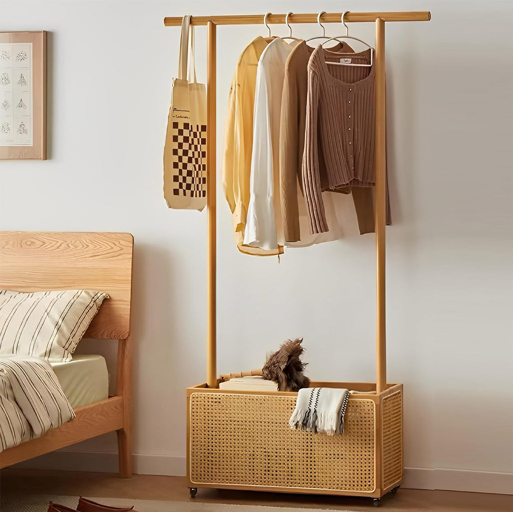 Bamboo Rolling Clothes Rack with Open Rattan Large Organizer, Garment Rack Stand Storage Box for Hanging Clothes, Natural Wood Wardrobe Shelves with Wheels for Entryway Bed Room (Creative Design)
