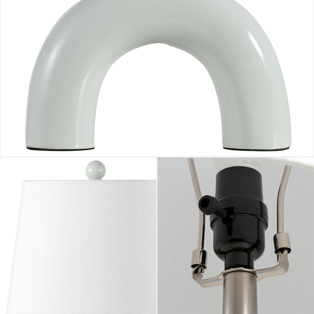 JONATHAN Y 17.75' Blue Gray Modern Ceramic Arch Table Lamp Set of 2 for Bedroom, Scandinavian Minimalist Bedside Lamps with White Linen Shade, LED Bulbs Included (JYL5503B-SET2)