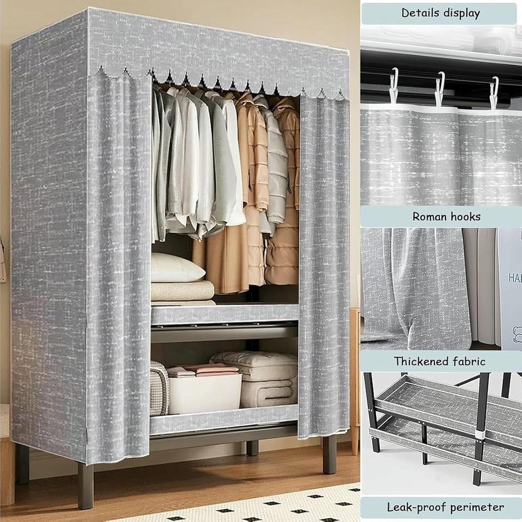 Metal Wardrobe Rack - Heavy Duty Foldable Wardrobe Closet with Cover 1200lbs Garment Rack for Hanging Clothes Covered Clothing Coat Storage Organizer