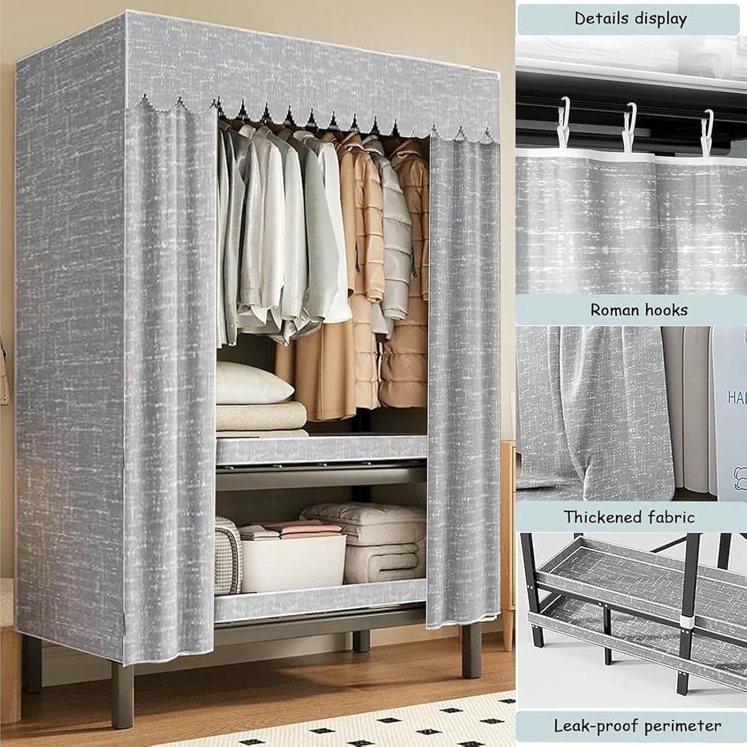 Metal Wardrobe Rack - Heavy Duty Foldable Wardrobe Closet with Cover 1200lbs Garment Rack for Hanging Clothes Covered Clothing Coat Storage Organizer
