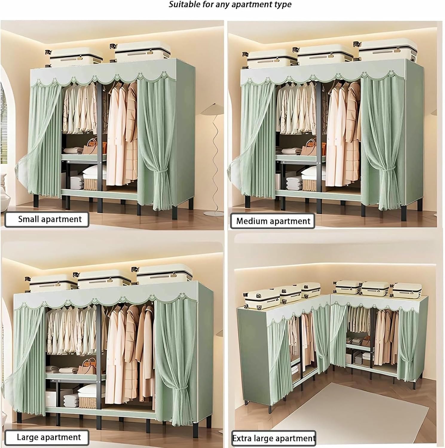Metal Wardrobe Rack - Heavy Duty Foldable Wardrobe Closet with Cover 1200lbs Garment Rack for Hanging Clothes Covered Clothing Coat Storage Organizer